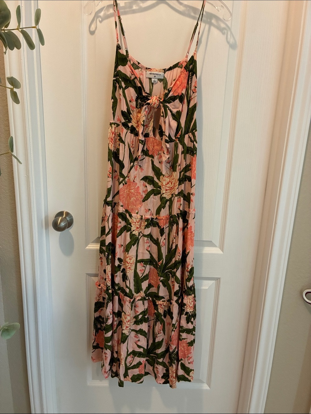 Agua Bendita Pink Floral Maxi Dress with Green Leaves